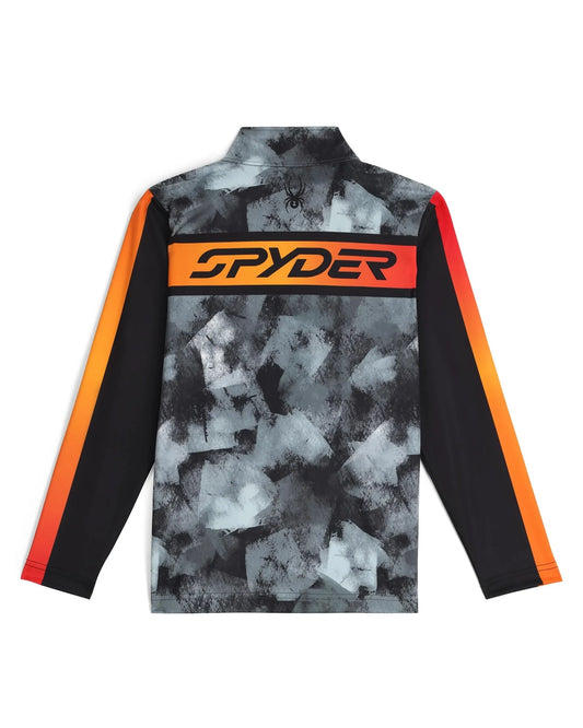 Chandail thermal Jacobs - Spyder gris à motifs noirs, bandes orange et rouge sur manches, pour garçon, vue de dos