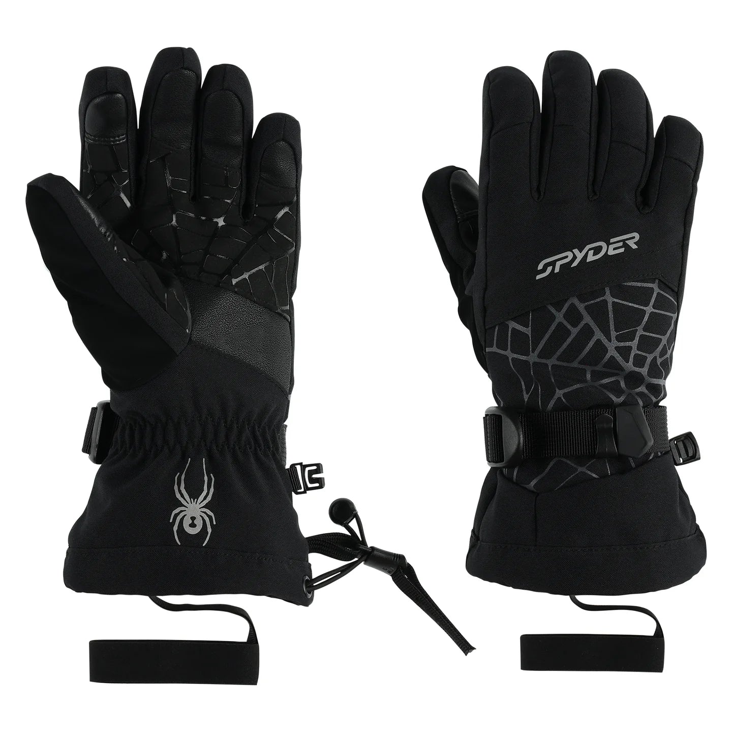 Gants D'hiver Overweb - Spyder noirs avec motif araignée, logo gris, tissu polyester recyclé, vue de face et dos adulte adulte