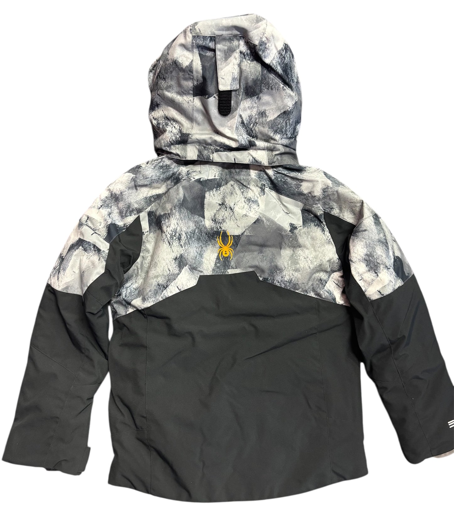 Manteau d'hiver Leader - Spyder noir et gris à motif abstrait avec capuche, isolant Sorona, vue de dos enfant.