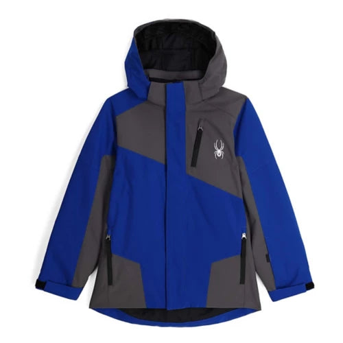 Manteau d'hiver Turner - Spyder bleu et gris en polyester recyclé, pour garçon, vue de face avec capuche amovible.