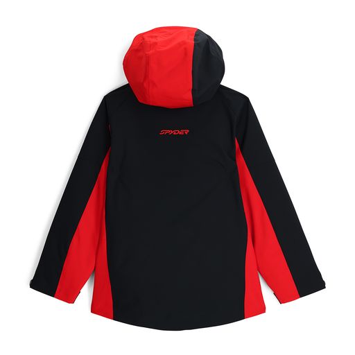 Manteau d'hiver Turner - Spyder noir et rouge pour garçon, vue de dos avec capuche, polyester recyclé stretch visible