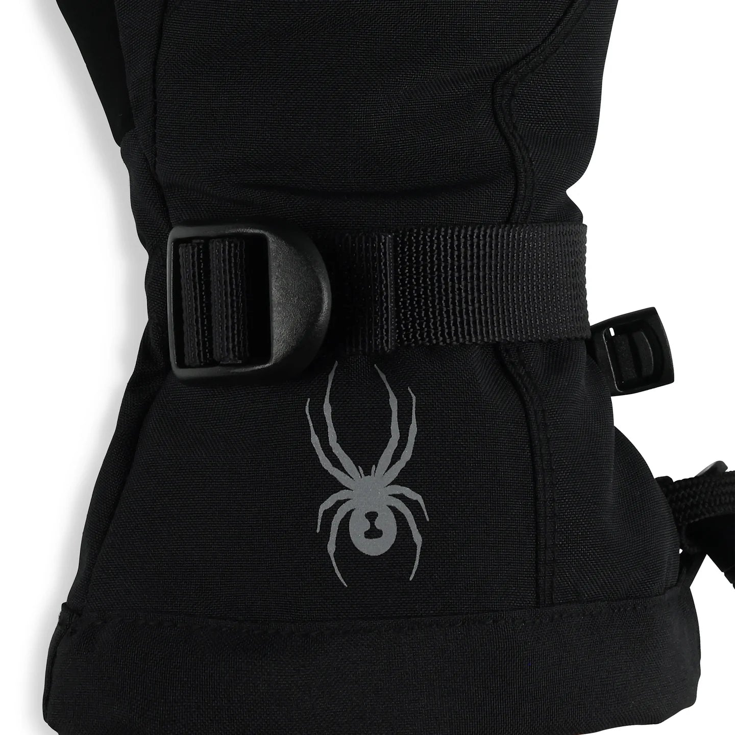 Mitaines D'hiver Finn - Spyder noires en tissu polyester recyclé avec fermeture à boucle, détail logo araignée, vue gros plan côté.
