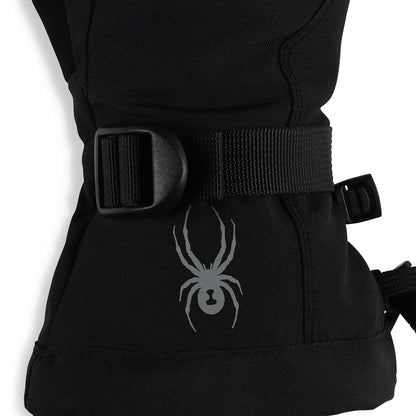Mitaines D'hiver Finn - Spyder noires en tissu polyester recyclé avec fermeture à boucle, détail logo araignée, vue gros plan côté.