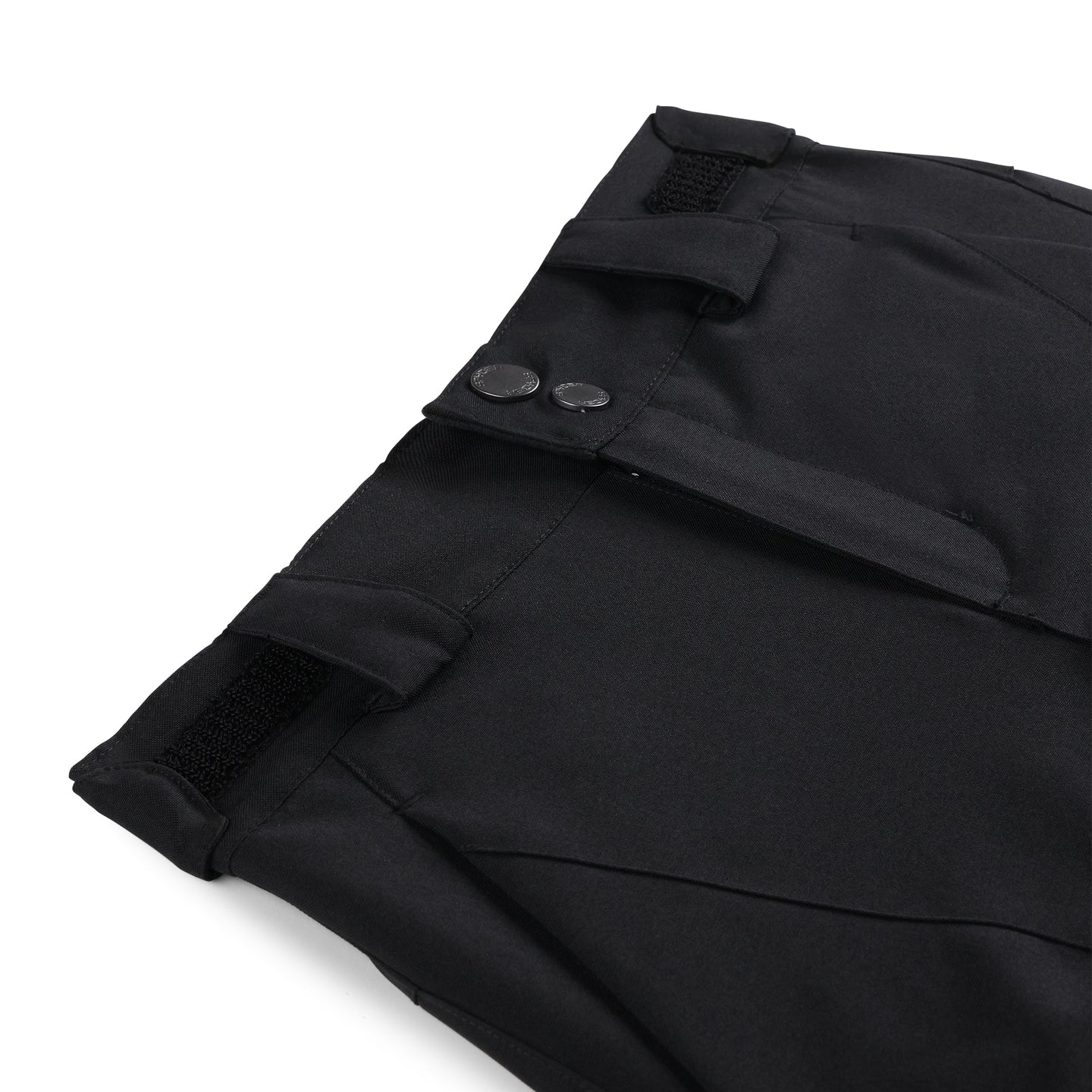 Pantalon de neige Olympia - Spyder noir en polyester recyclé avec boutons et fermeture velcro, détail taille, vue rapprochée