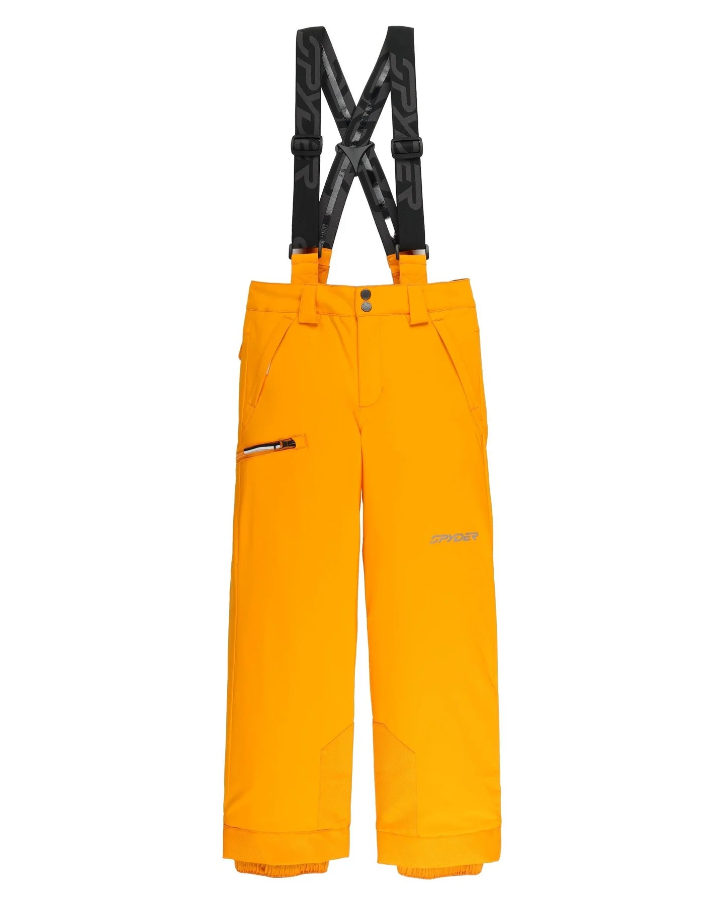 Salopette de neige Propulsion - Spyder orange vif avec bretelles noires réglables, tissu polyester recyclé, garçon, vue de face.