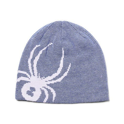 Tuque d'hiver - Spyder en tricot bleu et blanc avec motif araignée, doublé réversible, pour garçon, vue de face.