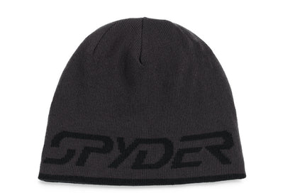 Tuque d'hiver - Spyder en tricot gris foncé avec logo noir, style réversible, pour enfant, vue de face.