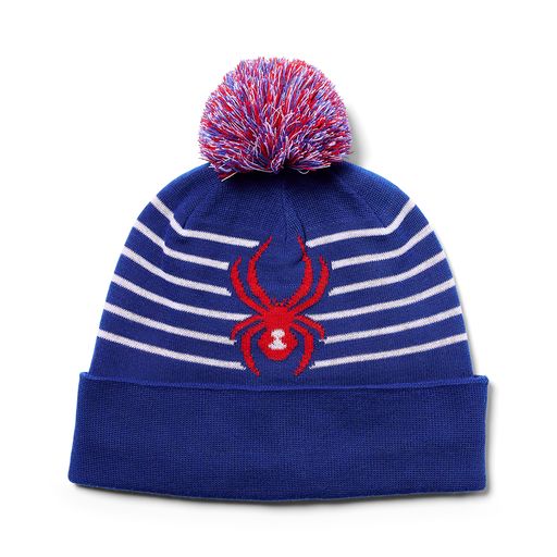 Tuque d'hiver - Spyder bleu et blanc à rayures, pompon multicolore, logo araignée rouge, doublée en polar, pour garçon, vue de face.