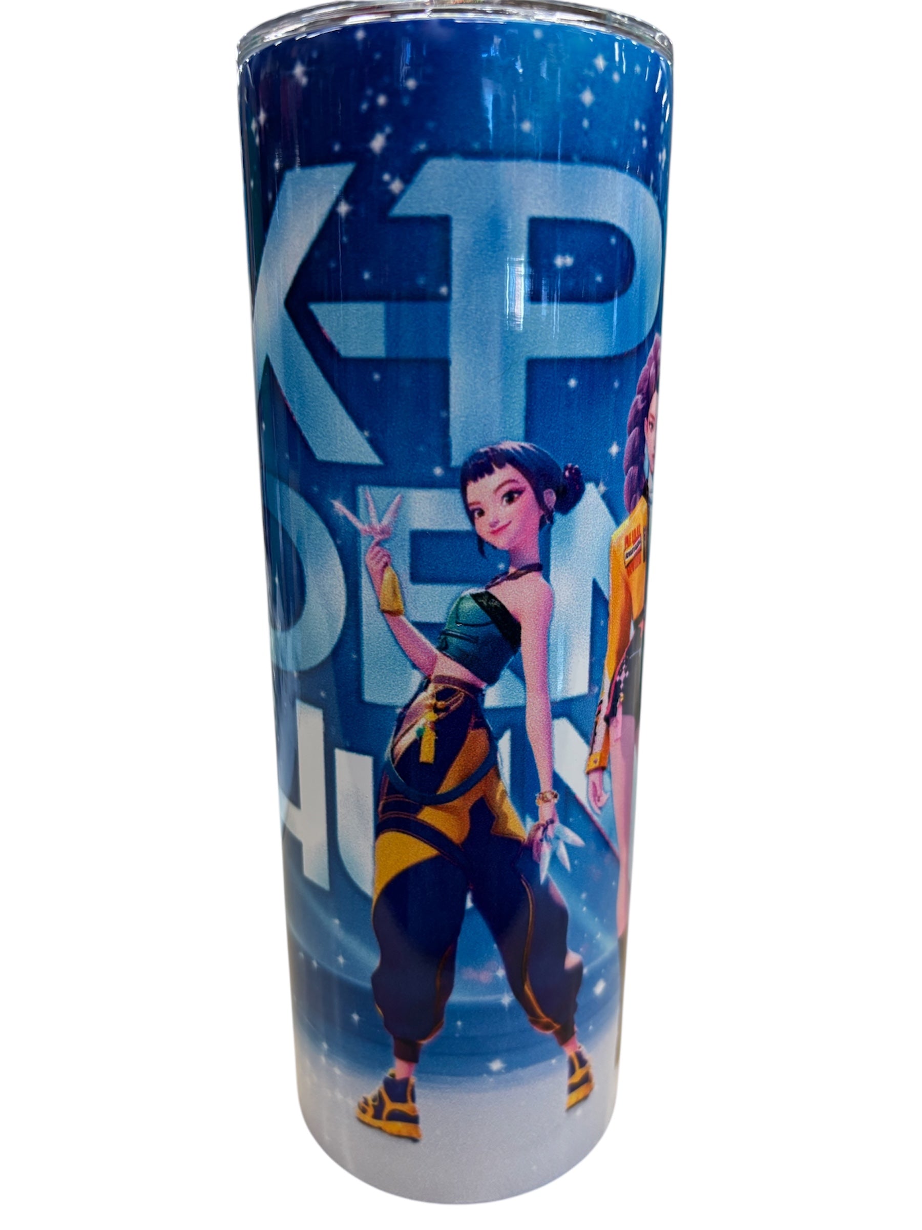 Bouteille isotherme - K-Pop Demon Hunter bleue avec personnages animés violets et jaunes, vue de face, acier inoxydable.