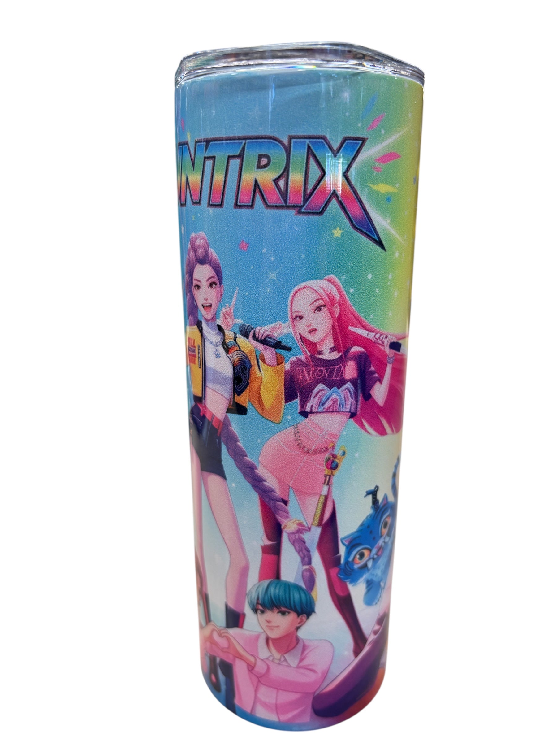 Bouteille isotherme - K-Pop Demon Hunter colorée bleu vert avec personnages animés, antidérapante, vue de face.