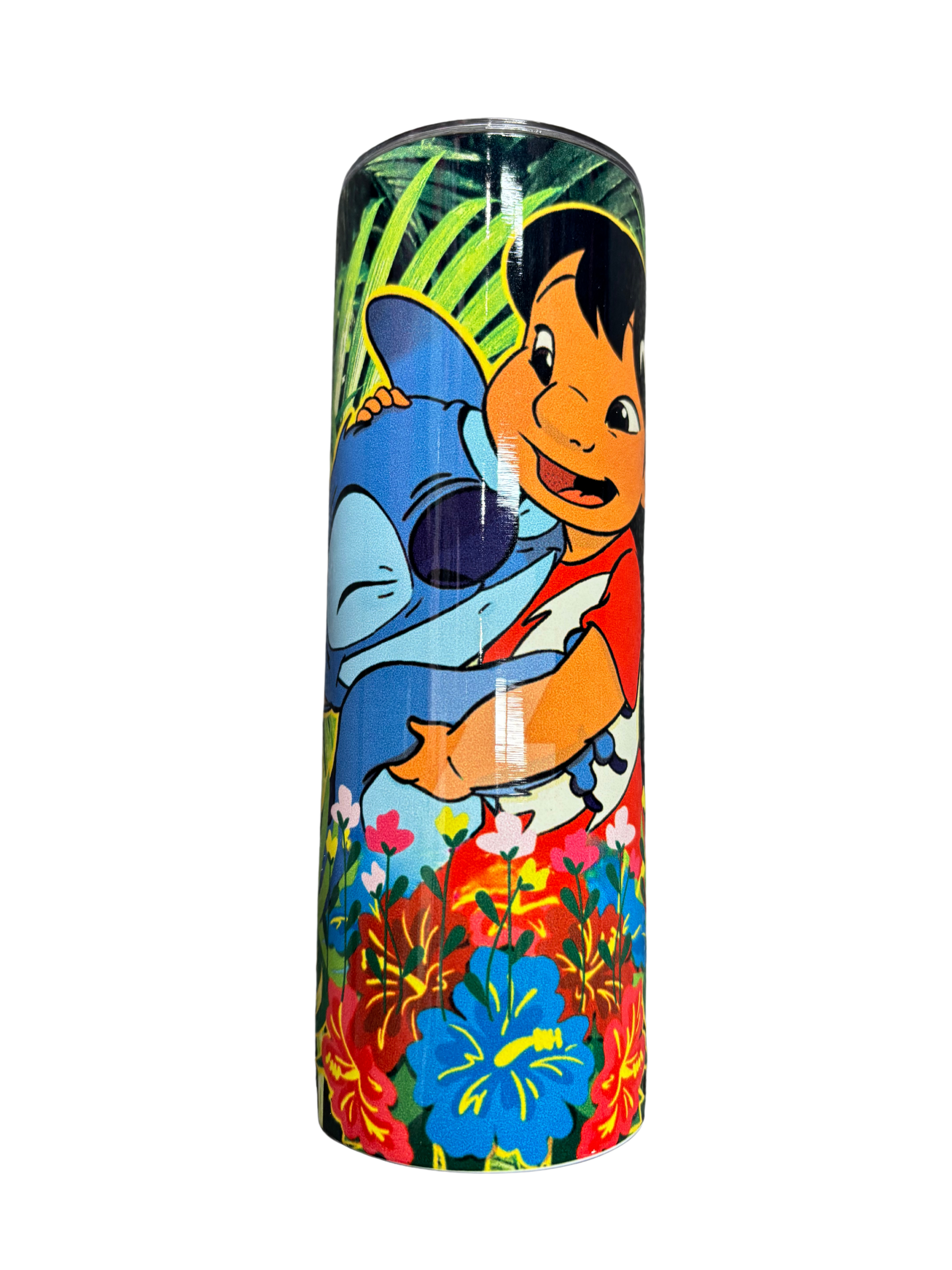 Bouteille isotherme - Stitch avec illustration colorée de Lilo et Stitch, fleurs multicolores, vue de face, acier inoxydable.