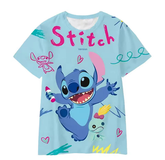 T-Shirt - Stitch bleu clair avec motif personnage Stitch et dessins colorés, 100 % polyester, pour fille, vue de face
