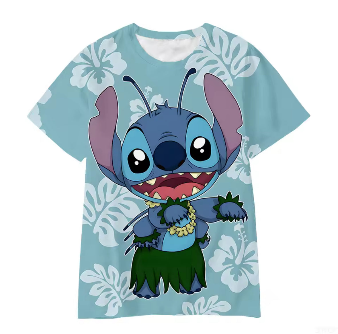 T-Shirt - Stitch bleu ciel avec motif personnage Stitch en tenue hawaïenne, pour fille, vue de face.