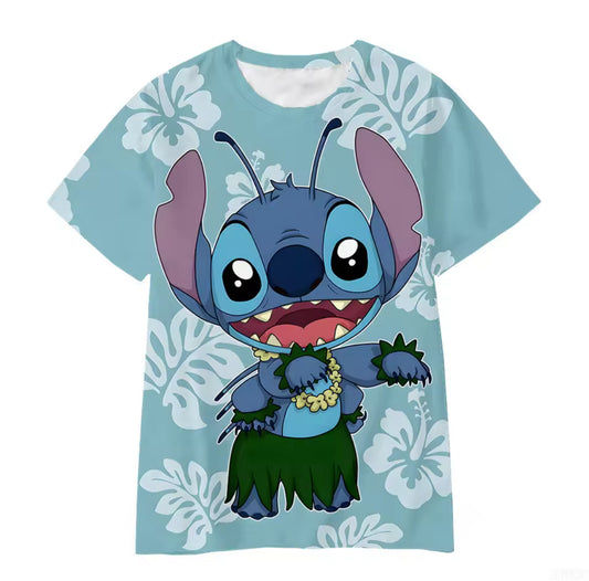 T-Shirt - Stitch bleu ciel avec motif personnage Stitch en tenue hawaïenne, pour fille, vue de face.