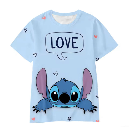 T-Shirt - Stitch bleu clair en polyester avec motif Stitch et bulles de texte, pour fille, vue de face.