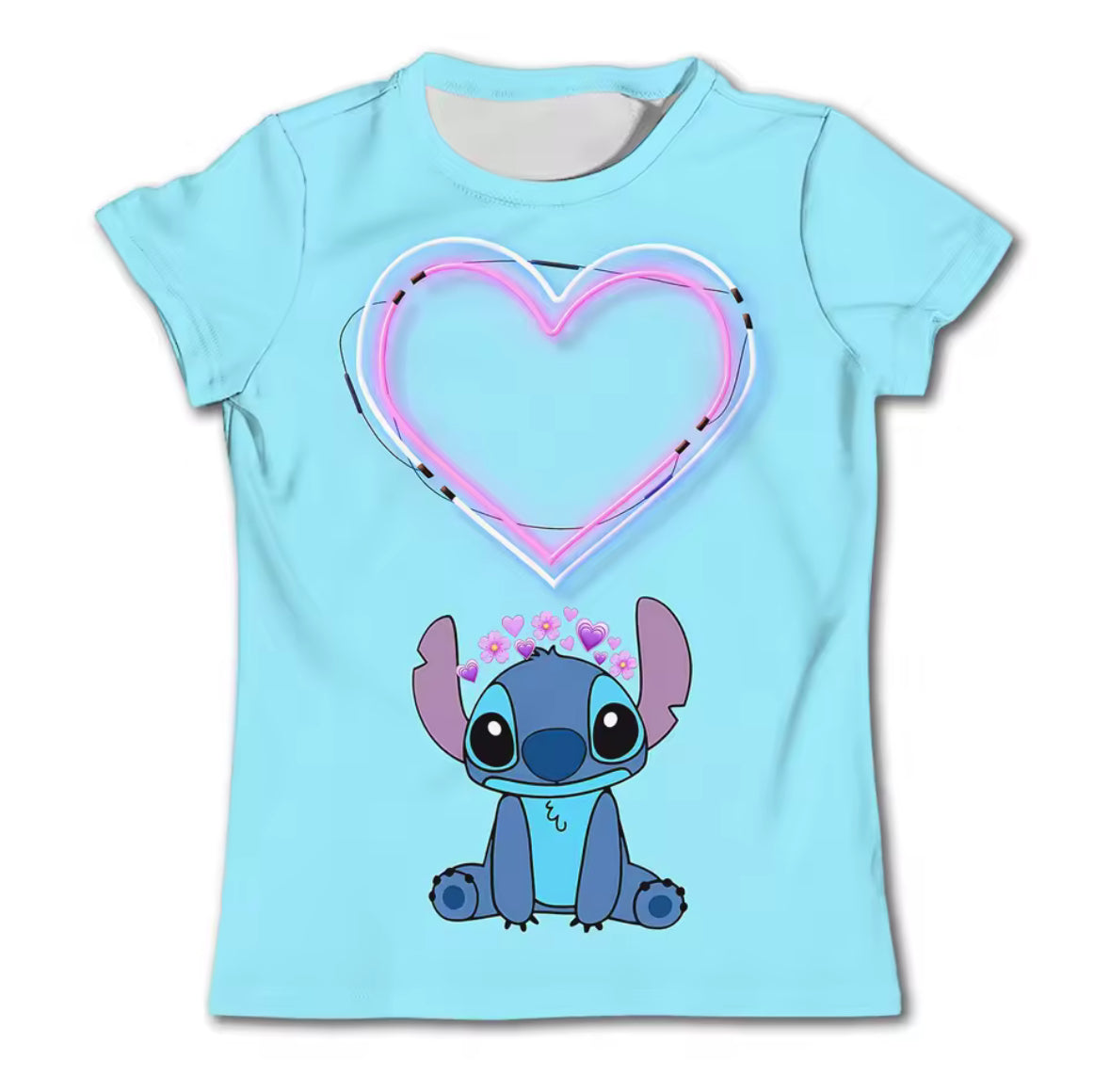 T-Shirt - Stitch bleu clair en polyester avec motif Stitch et cœur rose néon, pour fille, vue de face.