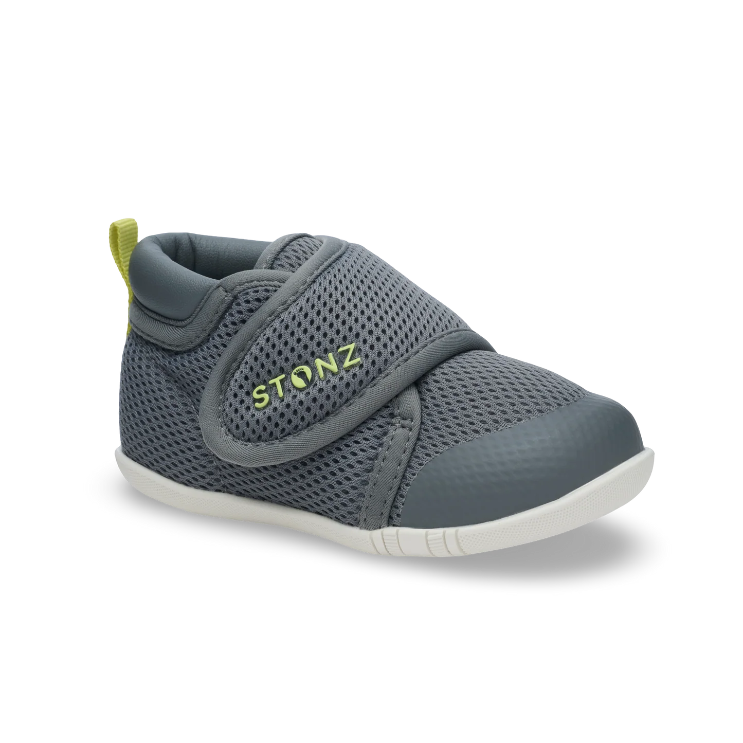 Chaussures Cruiser Baby - Stonz bleu gris avec semelle blanche, mesh léger, fermeture velcro, pour bébé, vue de profil gauche