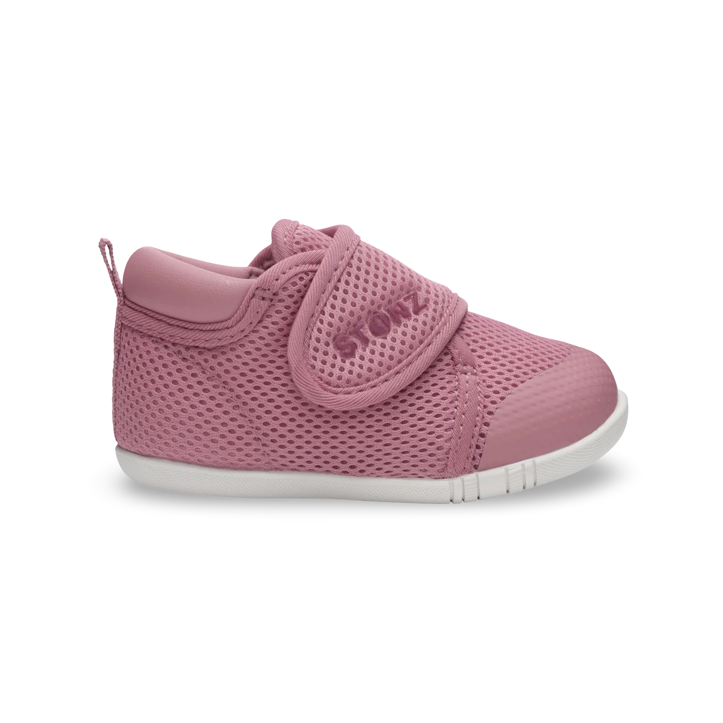 Chaussures - Stonz Cruiser Baby rose en mesh respirant avec semelle blanche, velcro, pour bébé, vue de profil droit