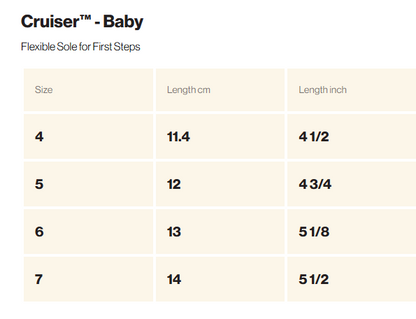 Tableau des tailles Chaussures - Stonz Cruiser Baby avec longueurs en cm et pouces, présentation claire pour bébé, vue en détail.