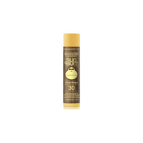 Baume à lèvres écran solaire FPS 30 - Sun Bum marron et jaune avec logo singe, tube cylindrique, vue de face.