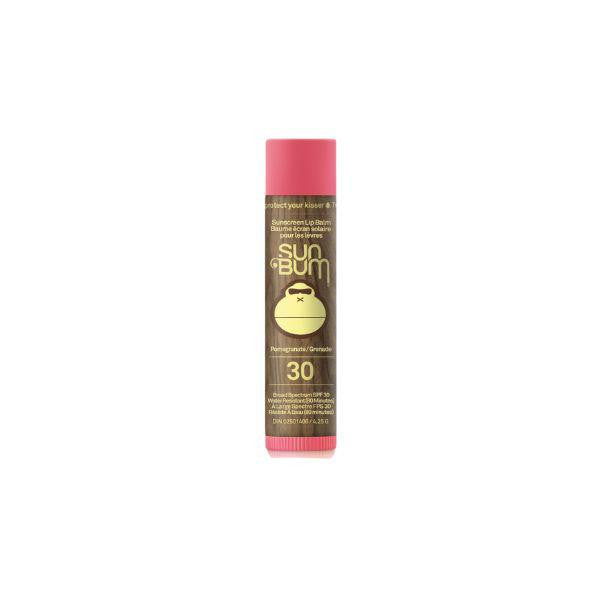 Baume à lèvres écran solaire FPS 30 - Sun Bum, tube beige et rose, avec logo singe jaune, vue de face verticale.