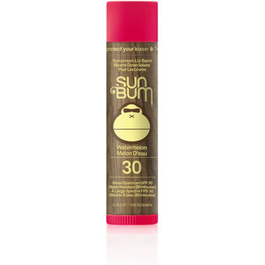 Baume à lèvres écran solaire FPS 30 - Sun Bum tube marron et rose, vue de face, format stick compact