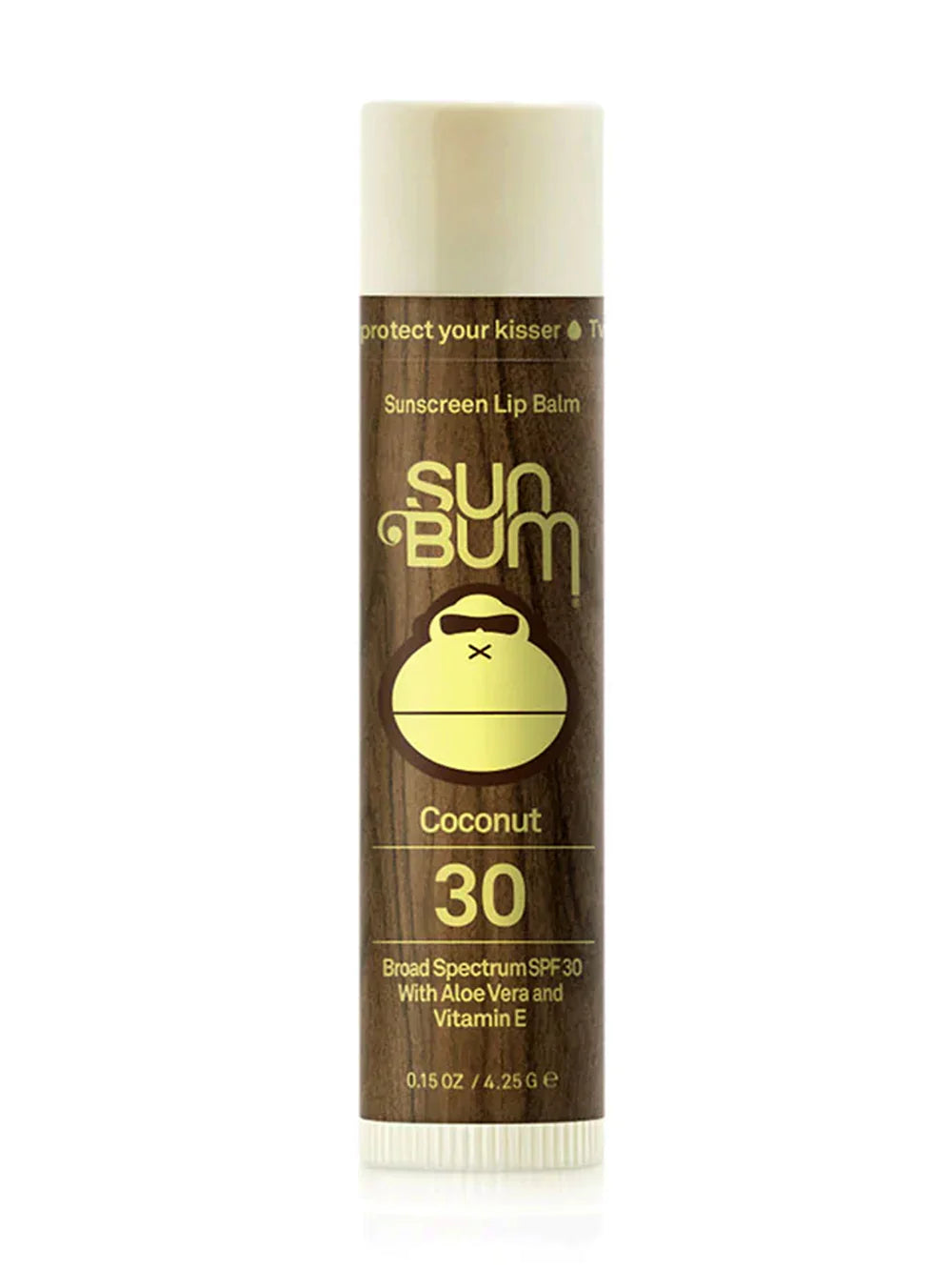 Baume à lèvres écran solaire FPS 30 - Sun Bum, tube brun imitation bois avec écriture jaune, vue de face.