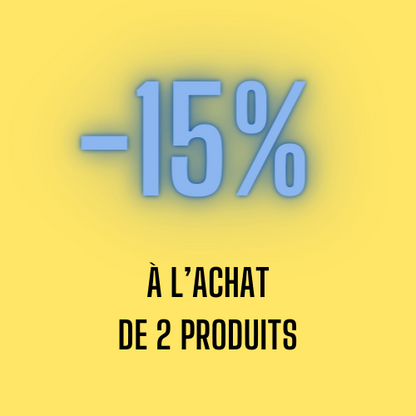 Texte promotionnel bleu "-15%" sur fond jaune, offre à l'achat de 2 produits, sans représentation du produit Écran solaire Mineral FPS 50 - Sun Bum
