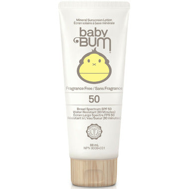 Écran solaire minéral pour bébés -Baby Bum en tube blanc et beige avec logo singe jaune, vue de face