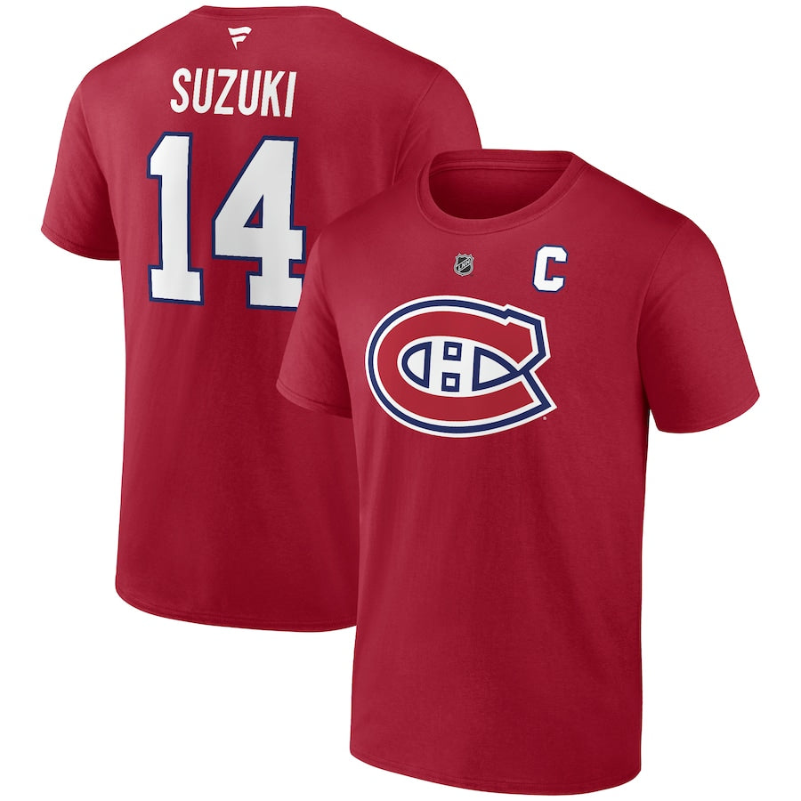 T-Shirt - Suzuki - 3 Pour 60$ rouge en coton avec logo hockey blanc et bleu, numéro 14, pour garçon, vues de face et dos