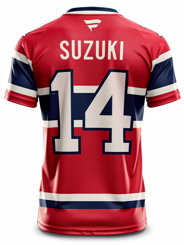 Jersey manches courtes - Suzuki rouge, bleu et blanc en polyester, motif numéro 14, pour enfant, vue de dos.