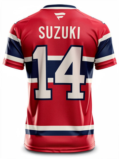 Jersey manches courtes - Suzuki rouge, bleu et blanc en polyester, motif numéro 14, pour enfant, vue de dos.