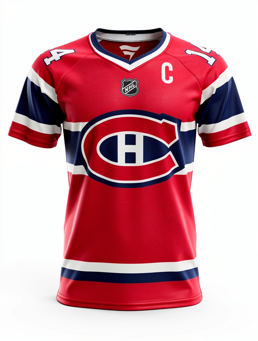 Jersey manches courtes - Suzuki rouge et bleu marine avec bandes blanches, logo NHL, en polyester, pour enfant, vue de face.
