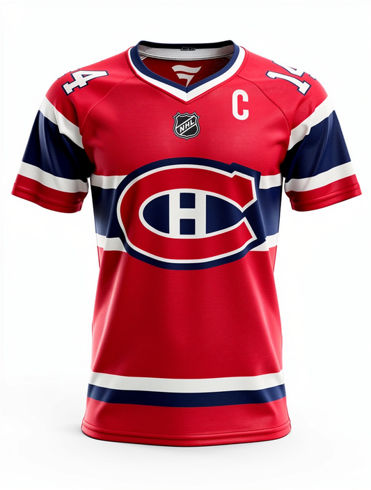 Jersey manches courtes - Suzuki rouge et bleu marine avec bandes blanches, logo NHL, en polyester, pour enfant, vue de face.