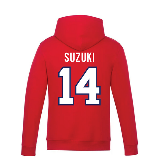 Hoodie - Suzuki rouge avec capuche, numéro 14 blanc contour bleu marine, style sport, vue de dos enfant.