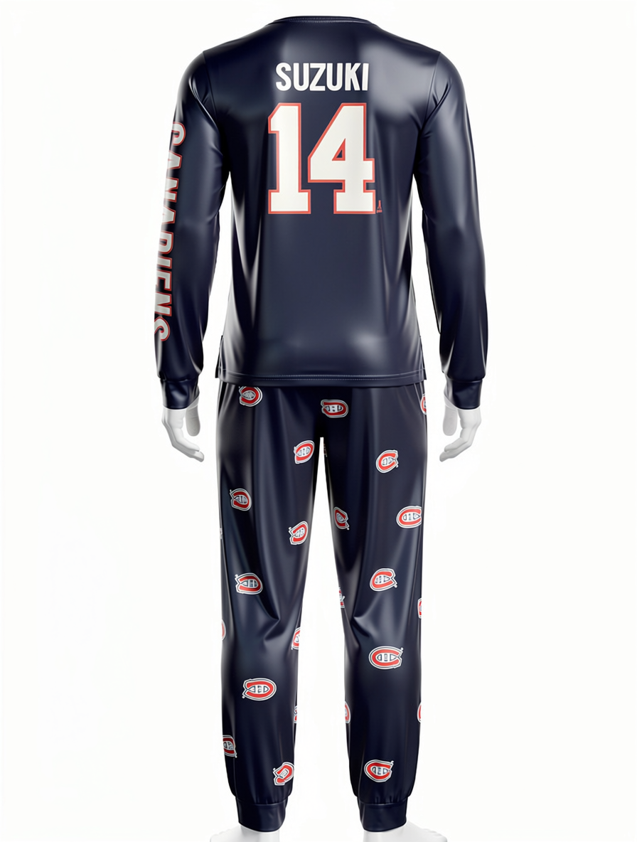 Pyjama de hockey Canadiens - Suzuki #14 bleu marine à motifs logos, en polyester, pour garçon, vue de dos.