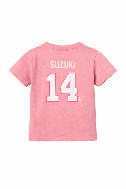 T-Shirt Rose - Suzuki rose en coton, imprimé blanc et rose "SUZUKI 14", pour enfant, vue de dos.