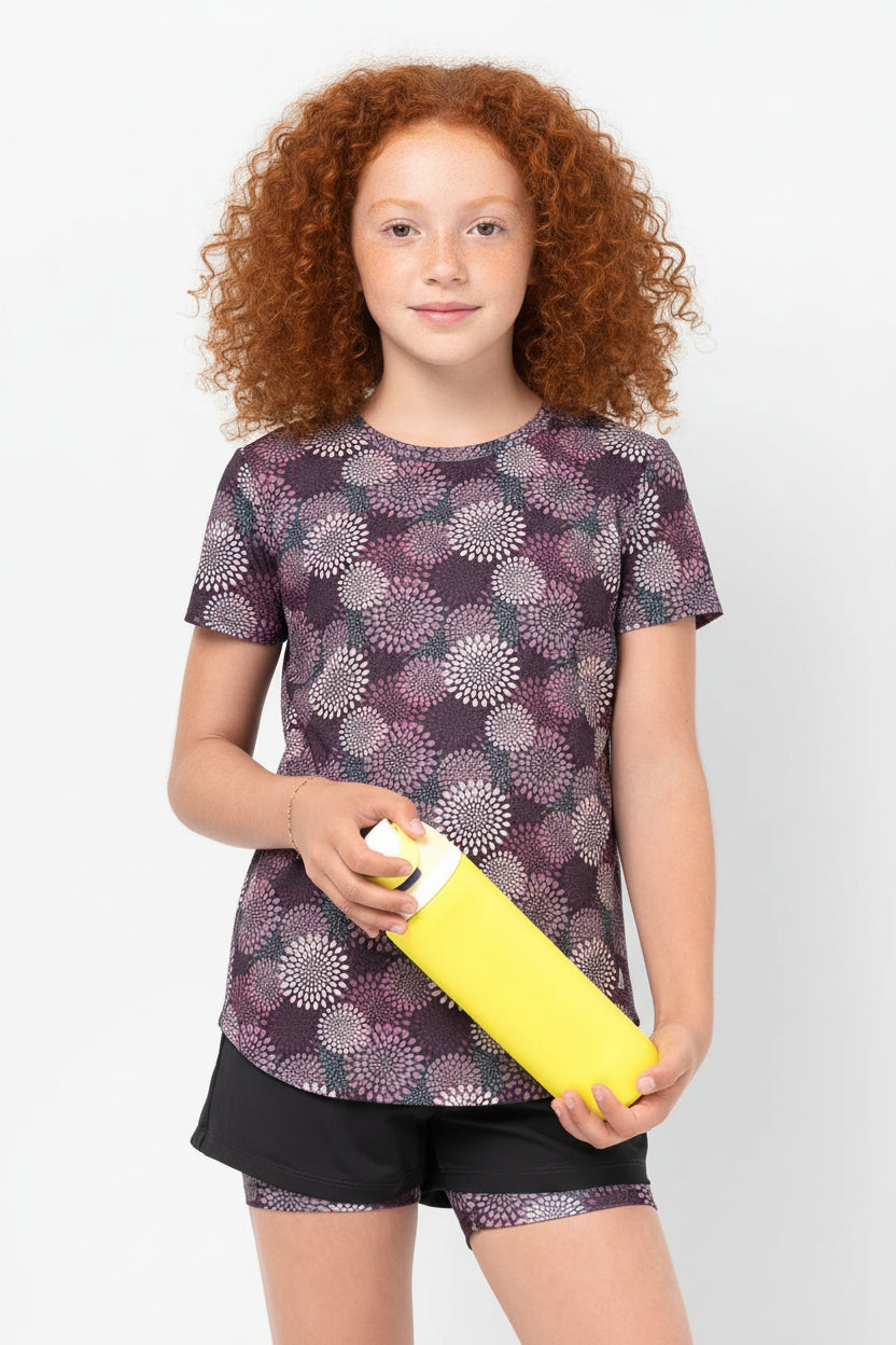 T-Shirt - M.I.D violet et noir à motifs floraux blancs et roses pour fille vue de face