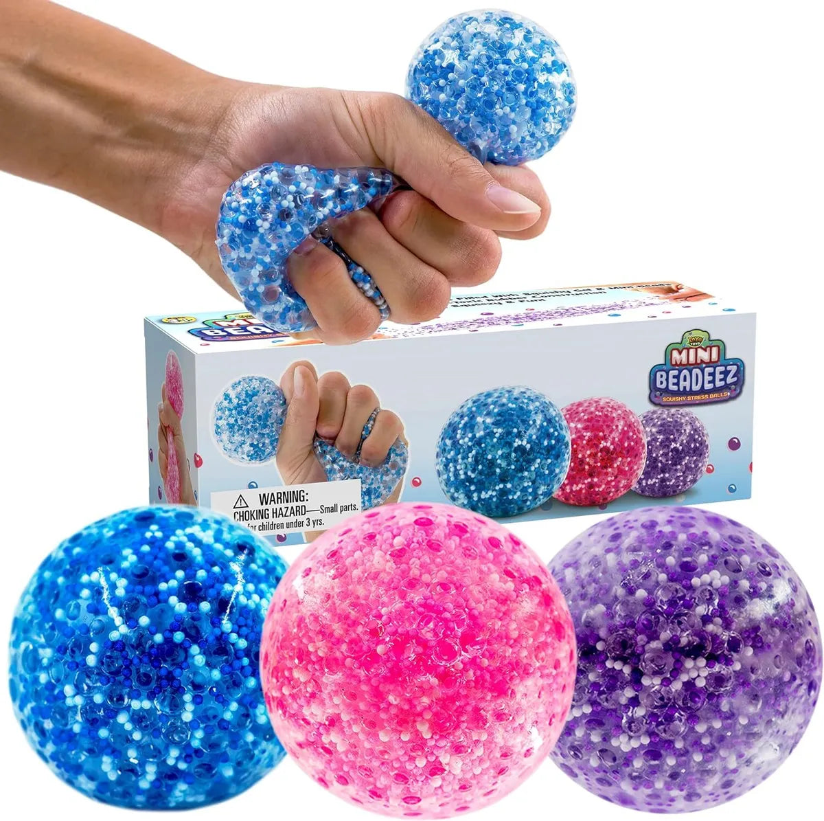 Crunch Squeeze Ball - Jouet Sensoriel boules bleue, rose et violette en gel transparent avec billes, pour enfant, vue détail et usage main.