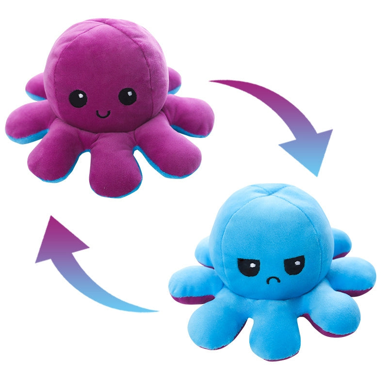 Pieuvre En Peluche Réversible tissu doux violet et bleu, expressions heureuse et fâchée, vue de face, pour enfant