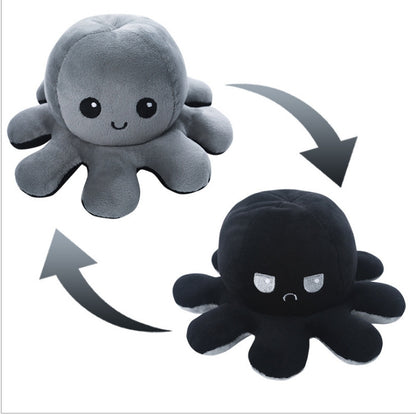 Pieuvre En Peluche Réversible gris clair et noir en tissu doux, style enfant, vue de face des deux expressions opposées.