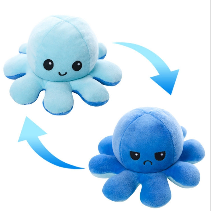 Pieuvre En Peluche Réversible en tissu doux bleu clair et bleu foncé, visage joyeux et visage mécontent, vue de face pour enfant.
