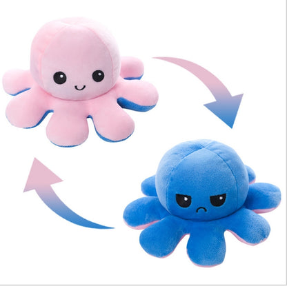 Pieuvre En Peluche Réversible en tissu doux rose et bleu, visage souriant et visage triste, vue de face, enfant.