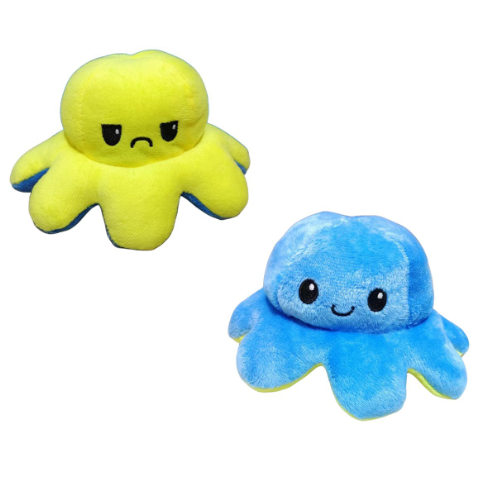 Pieuvre En Peluche Réversible en tissu doux jaune et bleu avec expressions différentes, vue de face, pour enfant.