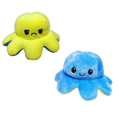 Pieuvre En Peluche Réversible en tissu doux jaune et bleu avec expressions différentes, vue de face, pour enfant.