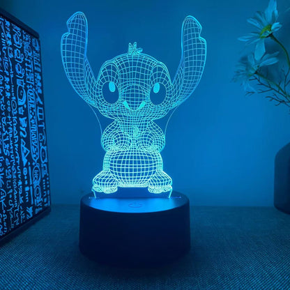 Lampe de Nuit Stitch en LED bleu avec socle noir, design lumineux en 3D, vue de face, pour enfant, télécommande incluse.