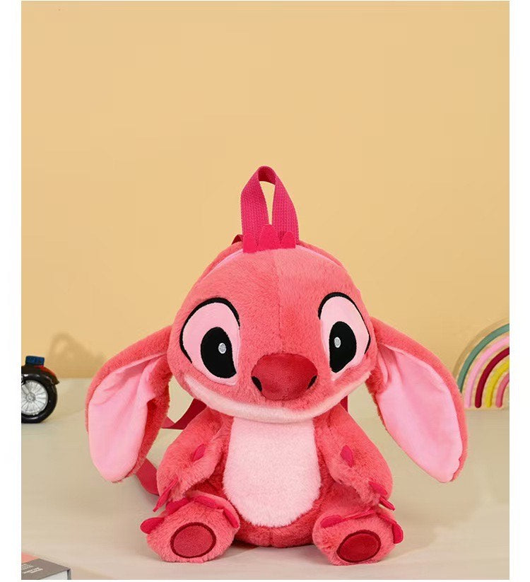 Mini sac à dos - Stitch Rose en peluche rose clair et foncé avec bretelles ajustables, pour enfant, vue de face.