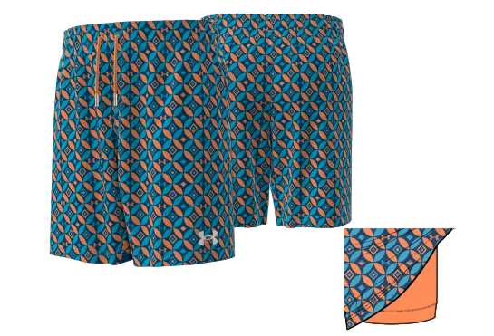 Maillot de bain - Under Armour short bleu et orange avec motifs géométriques, taille ajustable, vue de face et détail tissu intérieur orange.