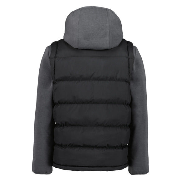 Manteau Mi-Saison - Under Armour noir matelassé avec manches et capuche grises en tissu doux, vue de dos porté sur mannequin.