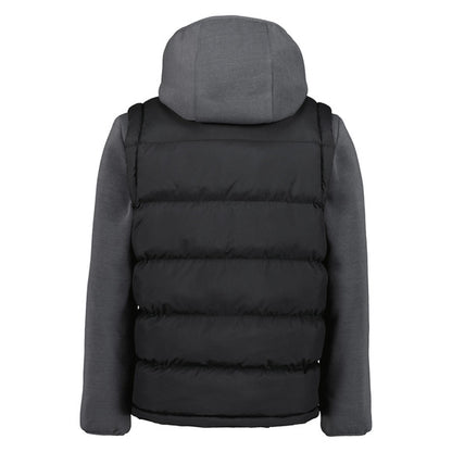 Manteau Mi-Saison - Under Armour noir matelassé avec manches et capuche grises en tissu doux, vue de dos porté sur mannequin.
